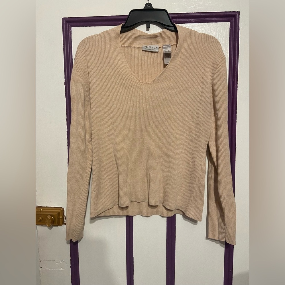 Villager by Liz Claiborne Ribbed Cotton Beige Sweater XL